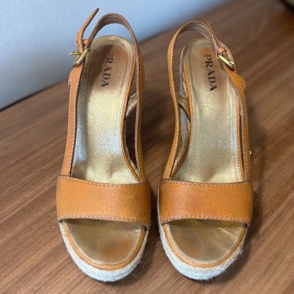 Prada Espadrille Wedge Sandals, Tan/Brown, Size 38.5 (US 8.5) - Picture 2 of 9